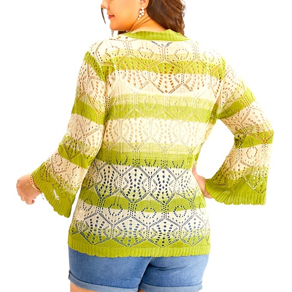 NWOT BloomChic “MEMORY” stripe pointelle cardigan sweater. Kiwi and ecru. Sz 12 - Picture 2 of 11